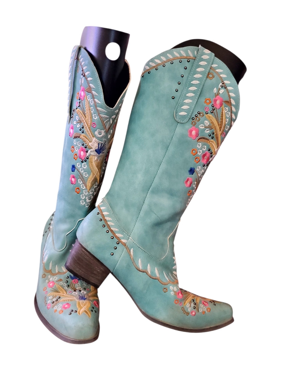 Turquoise Embroidered Western Heeled Boots - Picture 9 of 9
